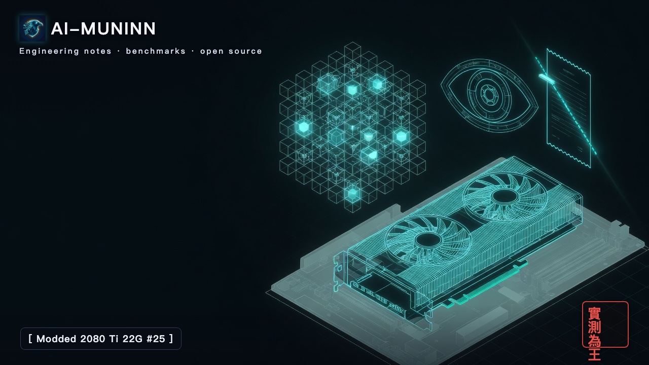 Modded 2080 Ti 22G series #25 cover: a single graphics card on a motherboard, a model made of small cubes floating above it with only a few cubes lit, and an eye scanning a receipt