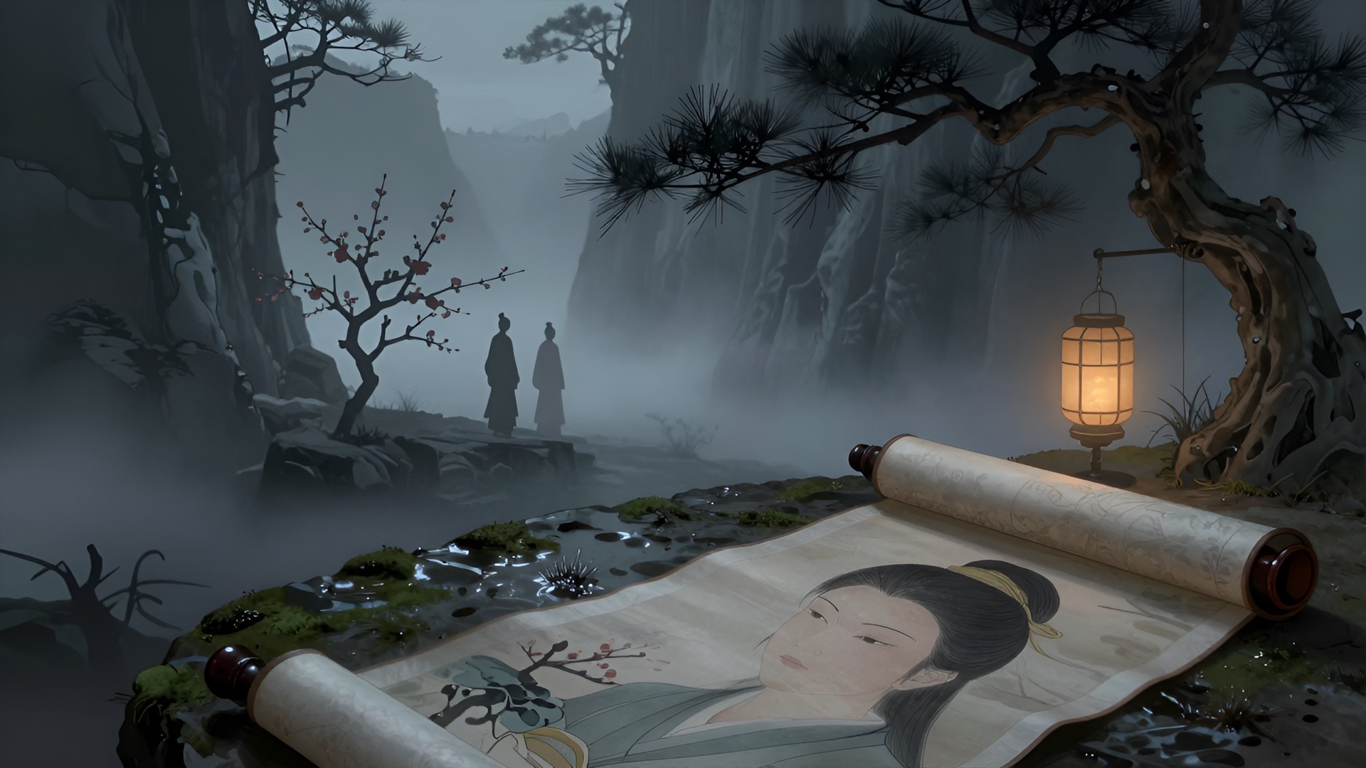 Cover: a fog-bound ravine where two robed figures stand far off with faces unreadable, while an unrolled gongbi portrait scroll lies on a stone in the foreground — the painted face is the only sharp face in the picture. MiniMax-H3 on RTX 5090, part 3.