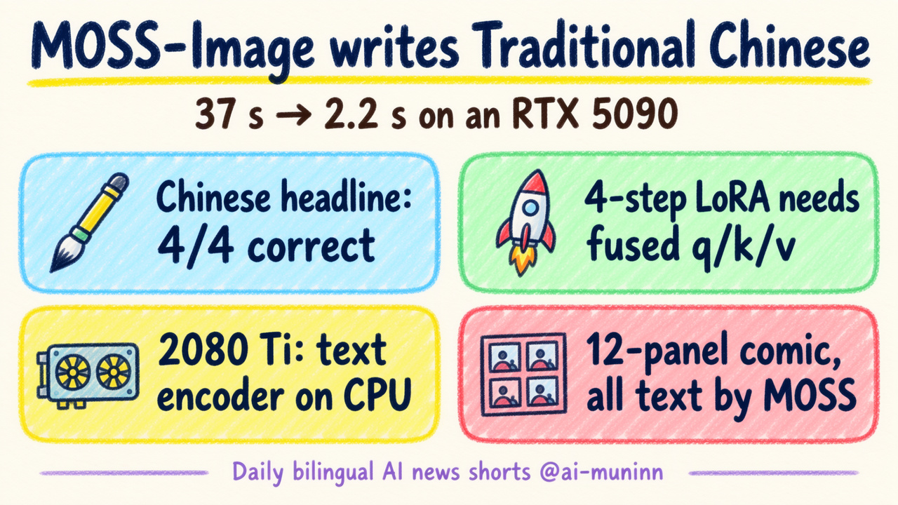 Hero card drawn by MOSS-Image itself: the headline MOSS-Image writes Traditional Chinese, then four crayon cards for 4/4 correct, the 4-step LoRA, the 2080 Ti and the 12-panel comic
