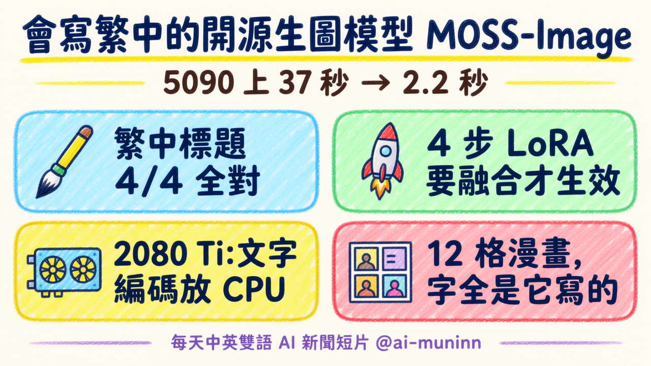 首圖:MOSS-Image 自己寫的手繪資訊卡,大標題寫會寫繁中的開源生圖模型,下面四張彩色卡片列出 4/4 全對、4 步 LoRA、2080 Ti、12 格漫畫
