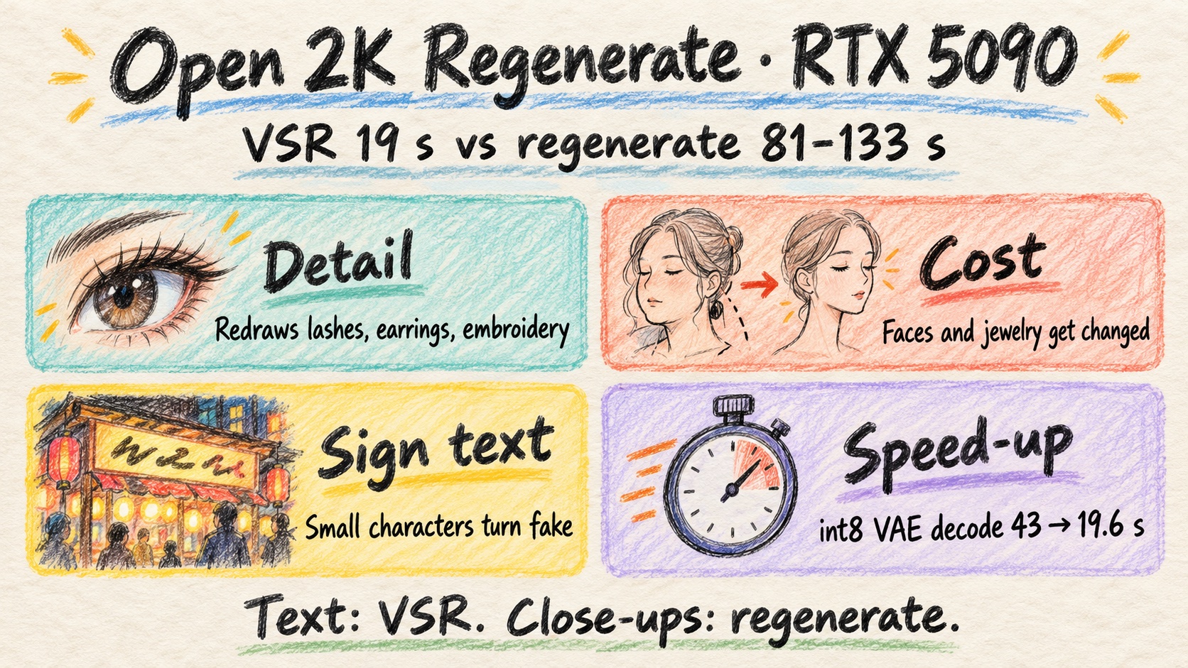 A 1344 by 768 MiniMax-H3 draft upscaled to 2560 by 1440 on one RTX 5090, RTX VSR on one side and Open-H3-Regenerate-2K on the other, with the regenerated face showing separate eyelashes and finer embroidery