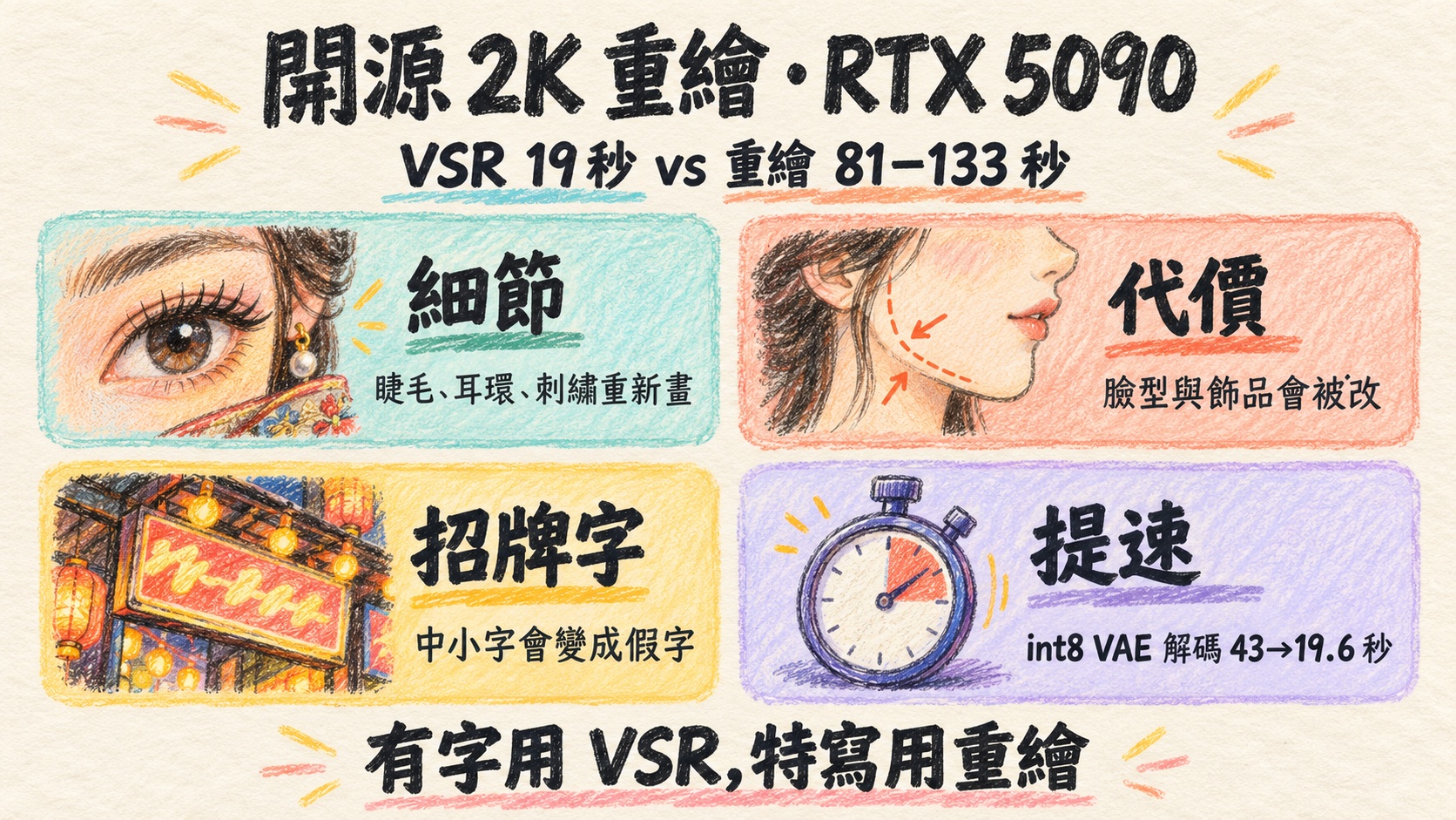 同一份 MiniMax-H3 草稿放大到 2K:左邊 RTX VSR 只把原有的東西銳化,右邊 Open-H3-Regenerate-2K 重畫出睫毛、眼睛反光和耳環珠鏈,在一張 RTX 5090 上跑