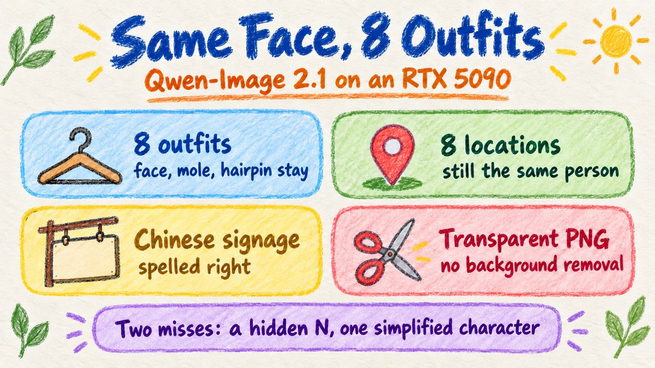 Qwen-Image 2.1 on an RTX 5090: the same woman in eight different outfits, face unchanged