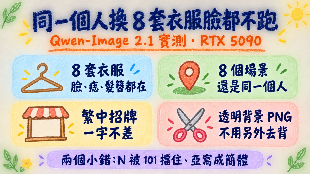 Qwen-Image 2.1 實測資訊卡：同一個人換 8 套衣服臉都不跑，8 個場景還是同一個人，繁中招牌一字不差，可直接出透明背景 PNG