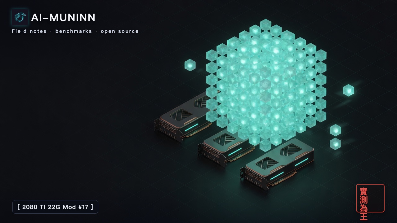 2080 Ti 22G Mod series #17 cover: isometric technical illustration — three dark graphics cards lying side by side beneath a vastly larger glowing teal lattice cube made of thousands of cells, with a few loose cells drifting off to the right.