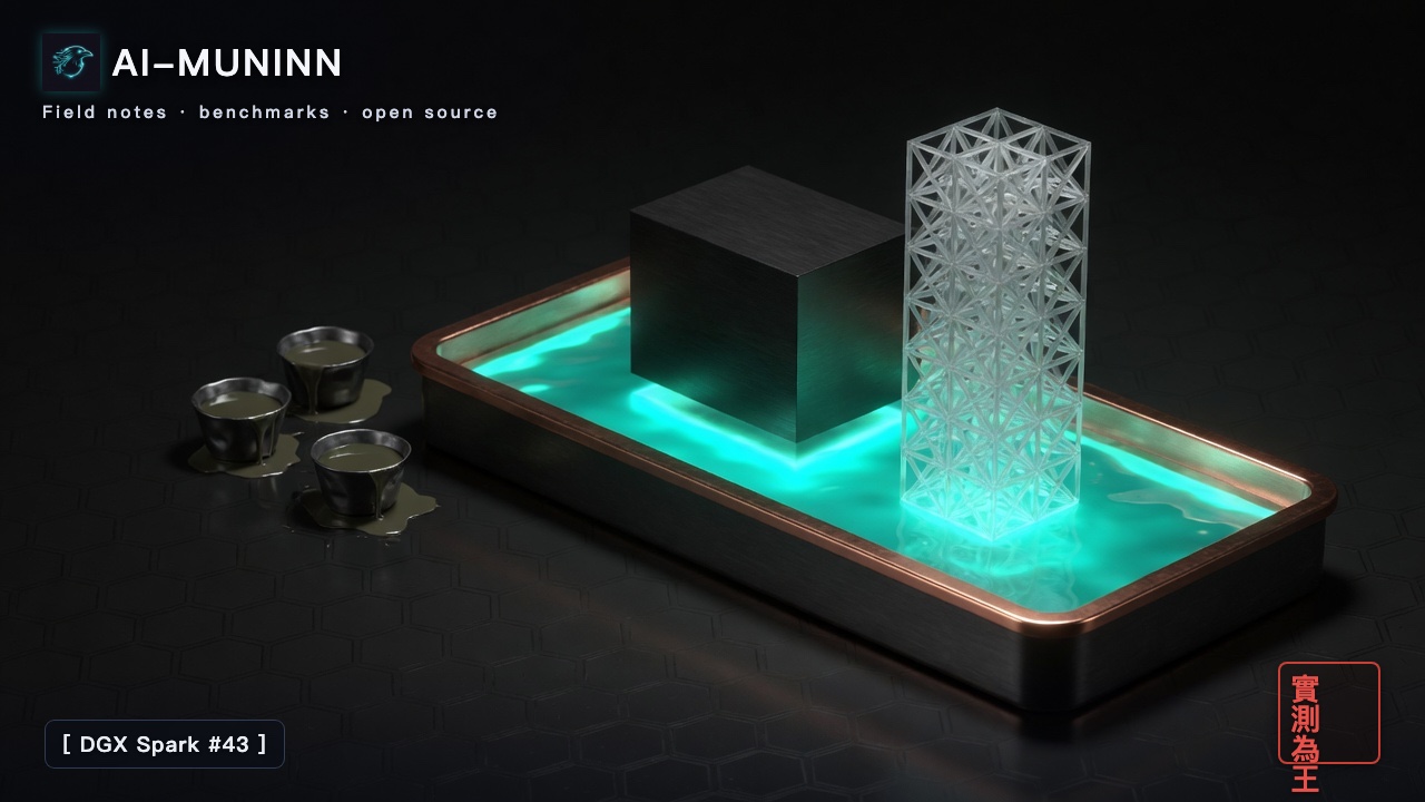 DGX Spark series #43 cover: isometric technical illustration — one wide shallow basin of glowing teal light holds both a solid graphite monolith and a translucent lattice tower side by side with room to spare, while three tiny cups off to the left overflow, unable to hold even one.