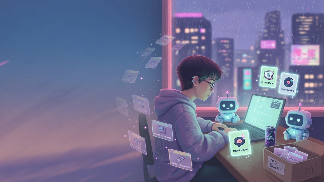 Cover: a young developer in profile at a glowing laptop at dusk, a small glowing blue-white robot beside them; a big drifting pile of translucent skill/tool cards is being trimmed down to a few bright ones that stay, the rest fading into an archive box — cyan and green glow, blue-purple haze. AI-MUNINN.