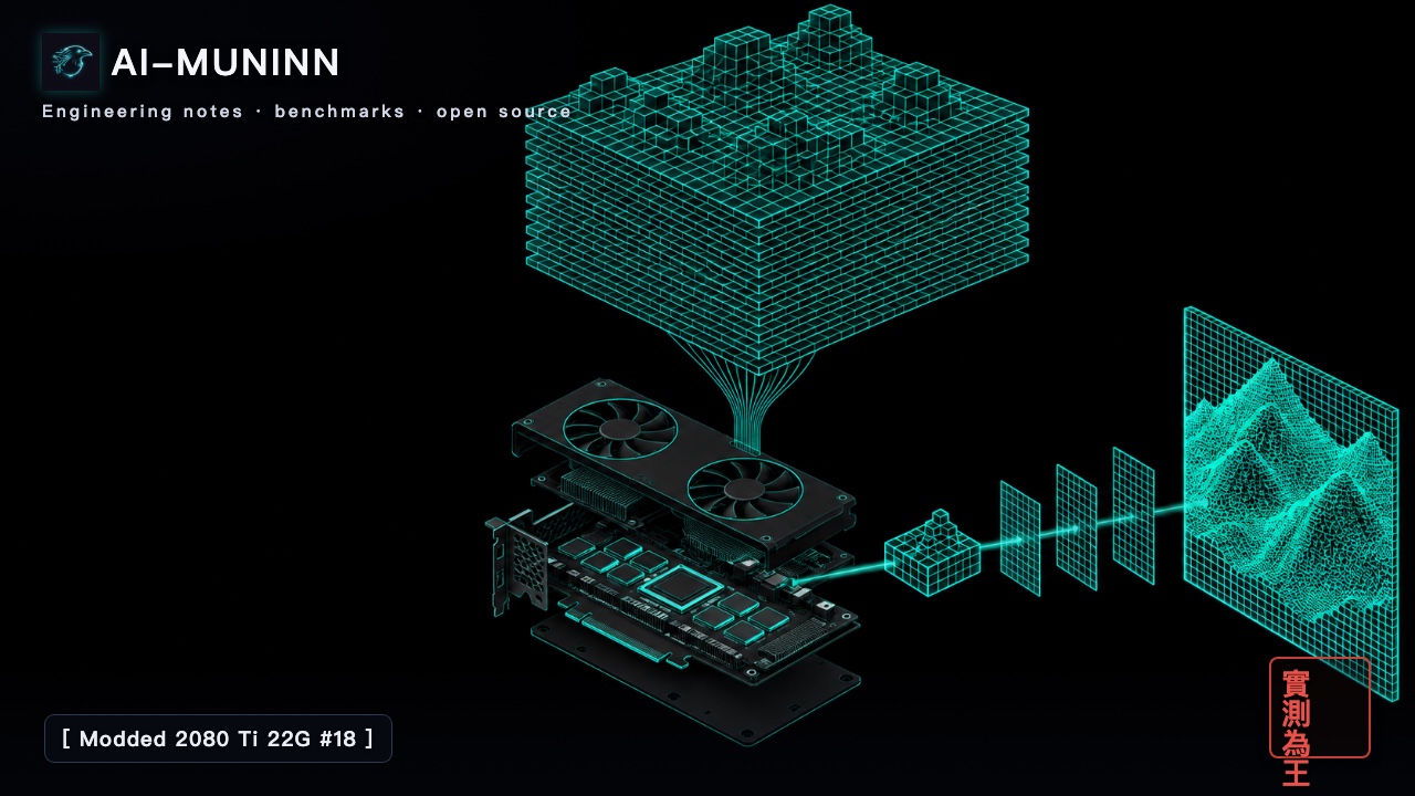 Modded 2080 Ti 22G series #18 cover: isometric technical illustration of a dark graphics card exploded into fan shroud, heatsink, board and backplate, with a stack of teal layers far larger than the card funnelling down into it, and on the right a small coarse block of voxels passing through three filter plates to become a large, finely detailed teal terrain.