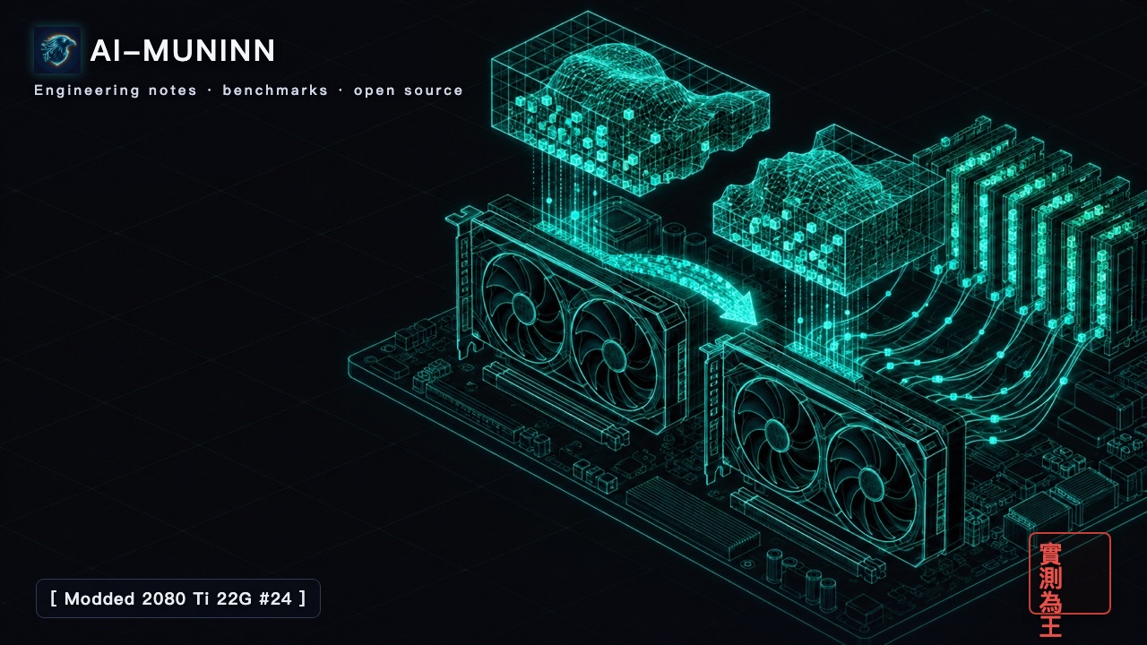 Modded 2080 Ti 22G series #24 cover: two dual-fan graphics cards passing a baton between them, carrying a giant mixture-of-experts model whose experts mostly rest in a bank of system memory