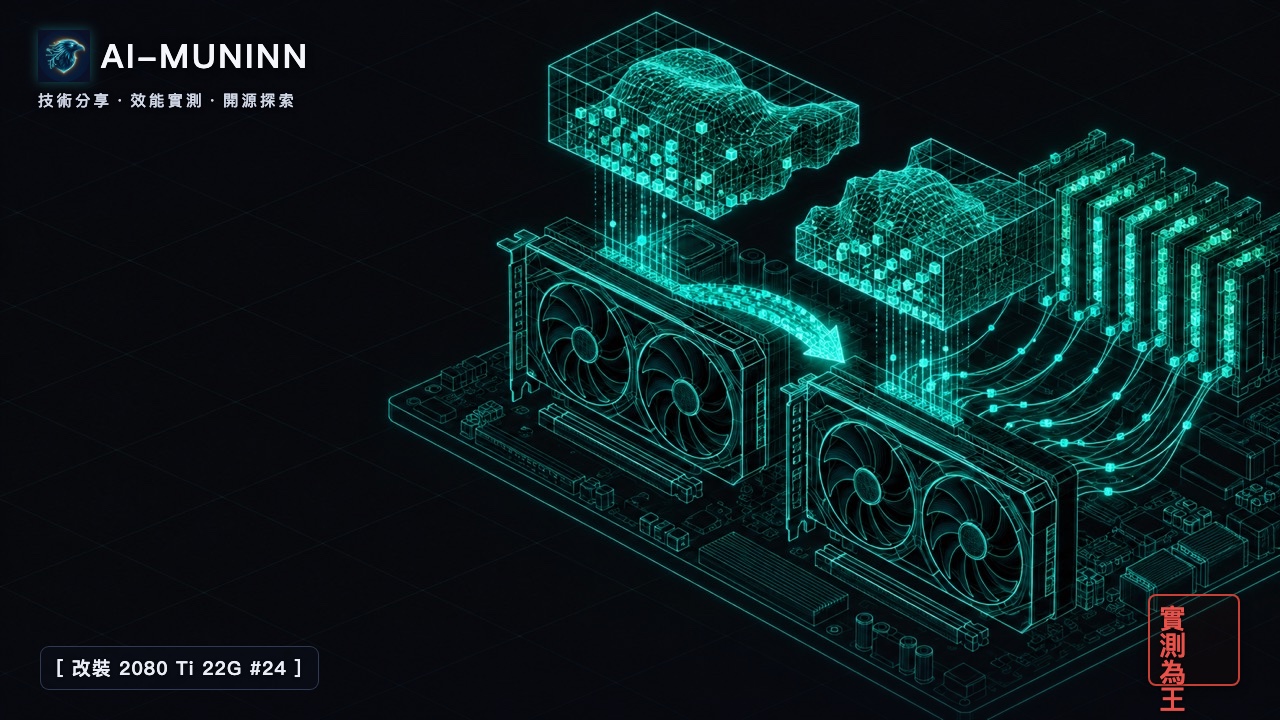改裝 2080 Ti 22G 系列 #24 封面：兩張改裝 2080 Ti 並排插在主機板上，一顆巨大的模型方塊切成上下兩段，一段放在第一張卡、一段放在第二張卡，中間一條箭頭把結果從第一張交給第二張
