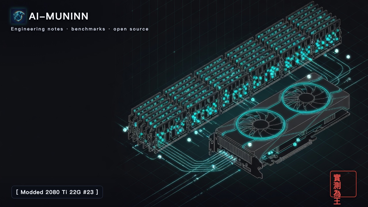 Modded 2080 Ti 22G series #23 cover: a single dual-fan graphics card carrying a giant mixture-of-experts model, with most experts resting in a large bank of system memory beside it