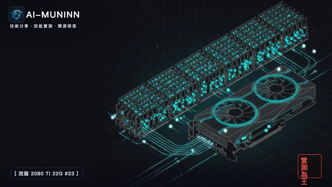 改裝 2080 Ti 22G 系列 #23 封面：一張改裝 2080 Ti 單獨插在主機板上，旁邊一排記憶體條發著光，一顆巨大的模型方塊拆成小塊，常用的那幾塊放在顯示卡上