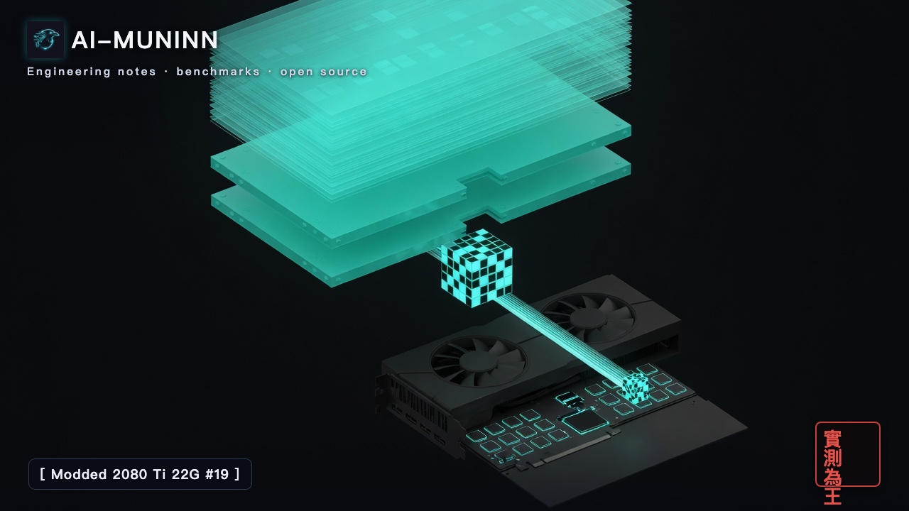 Modded 2080 Ti 22G series #19 cover: isometric technical illustration of a huge stack of teal layers compressed into a small cube of lit, outlined and empty tiles, sliding along a beam into the open memory area of a dual-fan graphics card