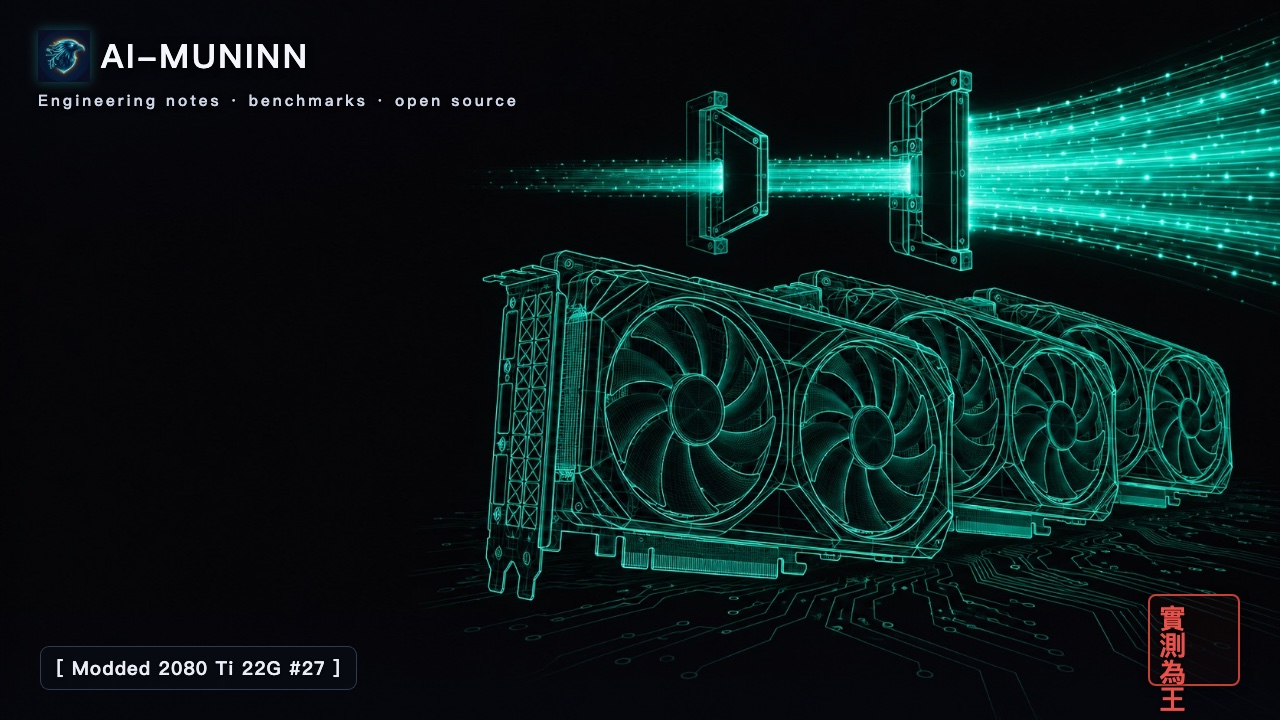 Modded 2080 Ti 22G series #27 cover: three wireframe graphics cards under a beam of light that passes a half-open gate, then a fully open one, and comes out wider and brighter
