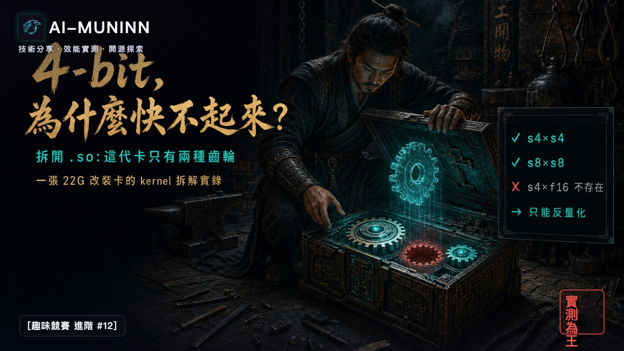 改裝 2080 Ti 22G 系列 #12 封面:古裝工匠掰開發光的青銅機關匣,匣內只有一大一小兩種齒輪,中間的凹槽泛著紅光——s4×s4 與 s8×s8 存在,s4×f16 不存在,只能反量化。